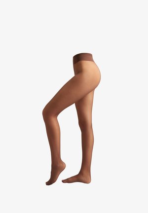 Sheer tights with a brown waistband, skin-toned legs, smooth texture, and a fitted design that contours to the shape of the leg.