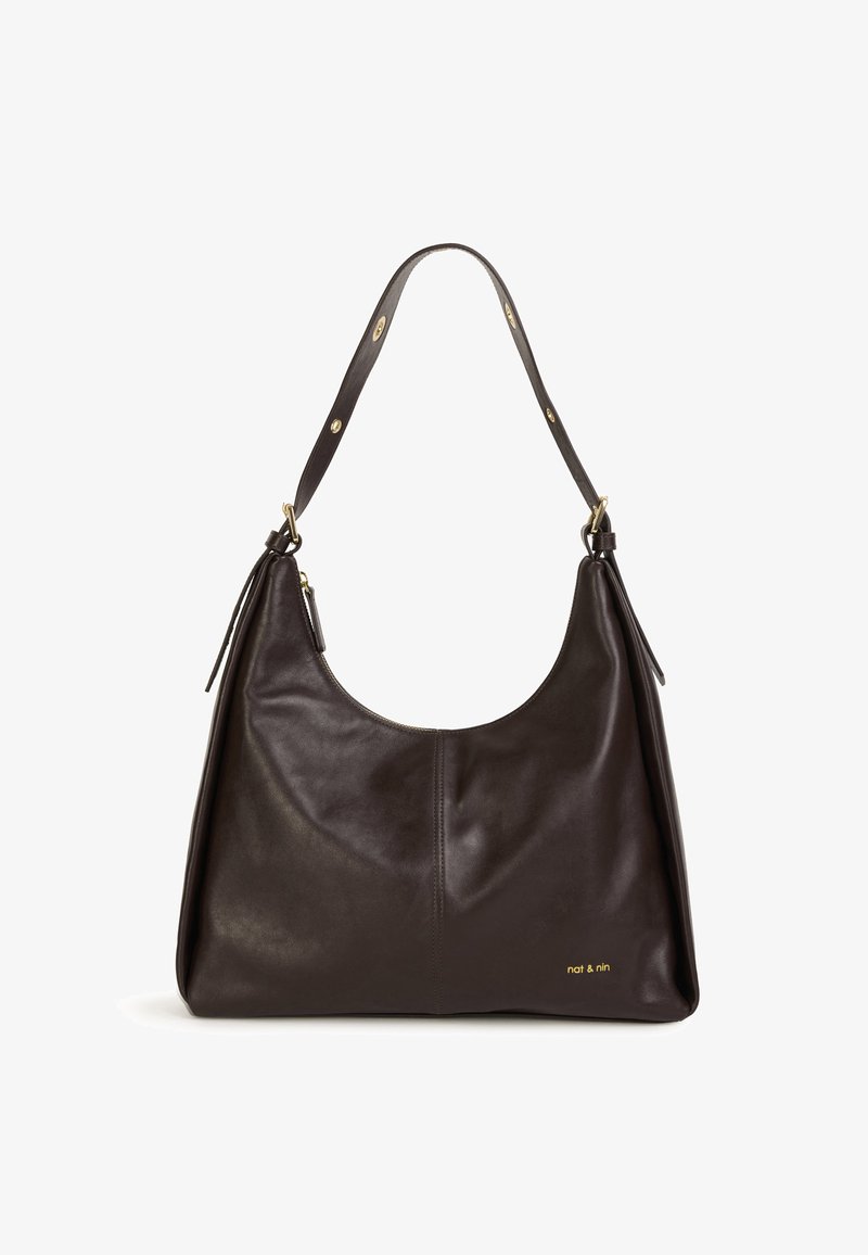 Dark brown leather hobo bag with a curved shape, detachable strap, and gold-tone logo detailing. Smooth texture with no visible patterns.