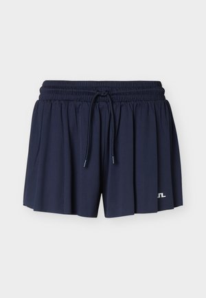 Shorts de sport plissés bleu marine avec ceinture élastique et cordon de serrage, comportant un petit logo blanc sur le côté inférieur gauche.