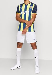 Strój piłkarski Fenerbahçe w kolorach żółtym i granatowym, z pionowymi paskami, logo na piersi, zestawiony z białymi spodenkami i skarpetami.