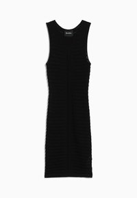 Abito nero senza maniche con un motivo testurizzato a righe verticali, realizzato in un materiale elasticizzato, design di lunghezza media.
