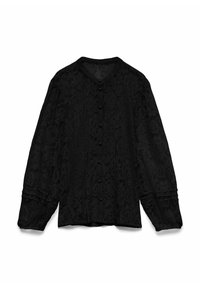 Sort bluse med blomsterblonde-mønster, rundet krave, lange ærmer, knaplukning foran og rynkede manchetter. Blød tekstur og løs pasform.