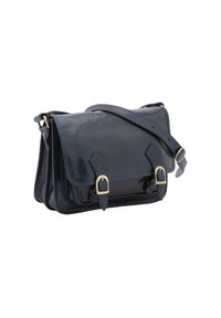 Borsa a tracolla in pelle blu navy con un design strutturato, hardware in tonalità oro, chiusura a patta e tracolla regolabile. Presenta dettagli a forma di diamante.