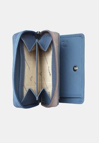 Blue and beige wallet with a zip closure, two compartments, and an interior lined with a geometric pattern. Features a snap button and RFID protection.