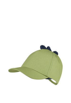 Hellgrüne Kinder-Baseballkappe mit dunkelblauen, flauschigen Dinosaurierstacheln oben und einem elastischen Riemen hinten.