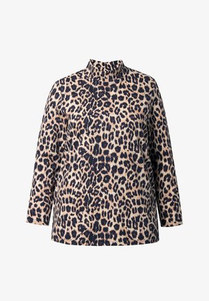 Top con stampa leopardata, collo alto, maniche lunghe e tessuto morbido. Presenta uno sfondo beige con macchie di colore marrone scuro e nero.