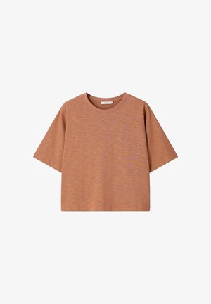 Light brown short-sleeve crew neck cropped T-shirt with a subtle heather texture, displayed on a white background.