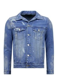 Jeansjack in vervaagd blauw met een knoopsluiting aan de voorkant, twee borstzakken en versleten details; heeft een klassieke kraag en lange mouwen.