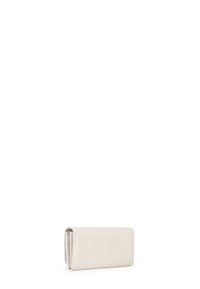 Portefeuille couleur crème en cuir lisse, de forme rectangulaire et doté d'une fermeture éclair. Design minimaliste aux lignes épurées.