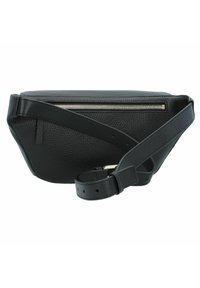 Borsa a vita in pelle nera con texture, dotata di tasca con zip argentata e tracolla regolabile, adagiata su uno sfondo bianco.