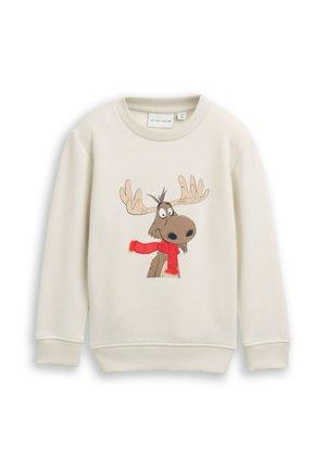 Lichtbeige sweatshirt met een bedrukt cartoonelkaars met hoorns en een rode sjaal, ribbelmanchetten en -zoom. Gemaakt van zachte stof.