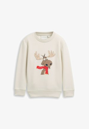 Felpa color beige chiaro con una stampa di un alce a cartone animato con corna e sciarpa rossa, polsini e orlo a coste. Realizzata in tessuto morbido.