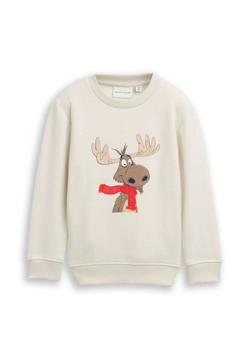 Felpa color beige chiaro con una stampa di un alce a cartone animato con corna e sciarpa rossa, polsini e orlo a coste. Realizzata in tessuto morbido.