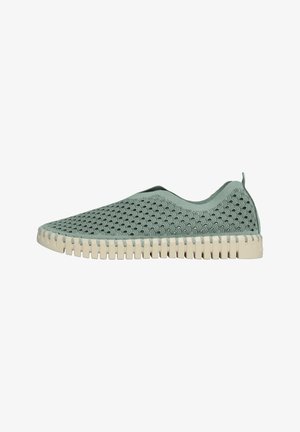 Slip-on shoes with a light green woven upper and a beige rubber sole featuring ridged detailing, providing breathability and comfort.