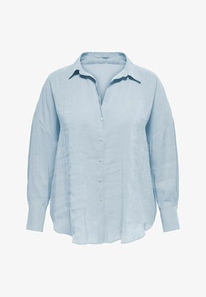 Vaaleansininen pitkähihainen kauluspaita, jossa on kaulus ja hieman löysä malli, esitetty valkoista taustaa vasten.