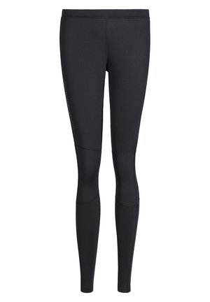 Sorte leggings lavet af glat, strækbart materiale. Har sømløse sider og diskret branding langs venstre ben. Tæt siddende, hel længde design.