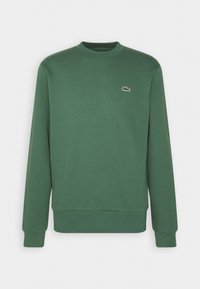 Zelený crewneck svetr vyrobený z měkké tkaniny, s žebrovaným výstřihem a manžetami, s malým vyšitým logem na hrudi.