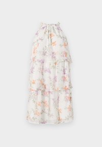 Hvid, blomster-mønstrede kjole med lagdelte flæser. Har pastelfarvede orange, lilla og grønne blomster på et gennemskinneligt stof. Samlet halsudskæring.