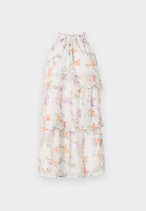 White, floral-patterned dress with layered ruffles. Features pastel orange, purple, and green flowers on a sheer fabric. Gathered neckline detail.