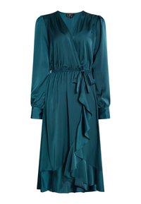 Robe en satin teal à manches longues, avec décolleté en V, ceinture élastique à nouer et ourlet asymétrique froncé.