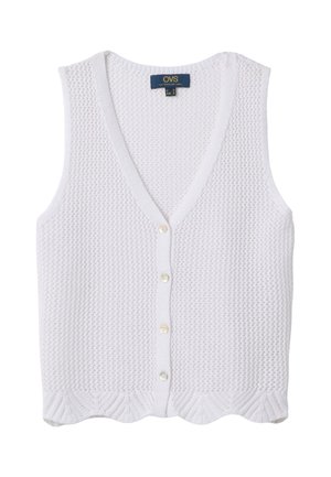 Gilet senza maniche bianco lavorato a maglia con scollo a V, chiusura frontale con bottoni, motivo a trama e dettaglio orlo smerlato.