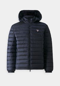 Black puffer jacket with a hood, featuring horizontal quilted sections, zipper closure, and a small logo on the chest. Smooth texture.