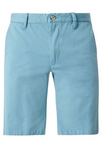 Shorts in denim azzurro chiaro con chiusura a bottone, passanti per la cintura e una texture liscia. Presentano una vestibilità slim e un taglio a livello del ginocchio.