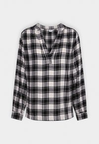 Blusa a maniche lunghe a quadri in nero, bianco e grigio. Presenta un collo a V, una vestibilità rilassata e polsini arricciati. Tessuto morbido con motivo a quadretti.