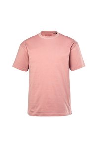 Tričko s krátkým rukávem a kulatým výstřihem vyrobené z měkké bavlny v světle růžové barvě. Má jednoduchý design bez vzorů nebo akcentů.