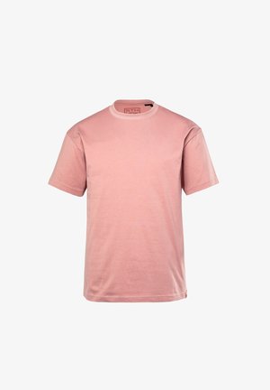 Kurzärmeliges T-Shirt mit rundem Ausschnitt aus weicher Baumwolle in hellrosa. Hat ein schlichtes Design ohne Muster oder Akzente.