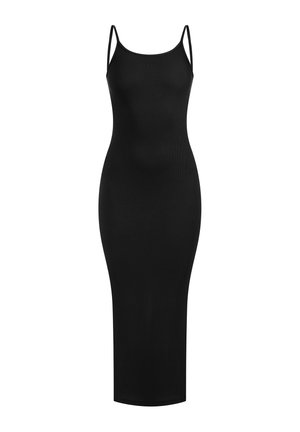 Schwarzes, eng anliegendes Kleid mit dünnen Spaghetti-Trägern, gerippter Textur und figurbetontem Schnitt. Knielanges Design ohne weitere Verzierungen.