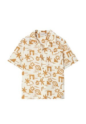 Chemise à manches courtes boutonnée avec des motifs abstraits de soleil, de palmier, de vague et de spirale beige et marron sur fond crème.