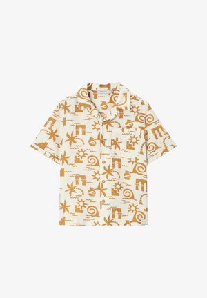 Chemise à manches courtes boutonnée avec des motifs abstraits de soleil, de palmier, de vague et de spirale beige et marron sur fond crème.