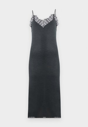 Robe sans manches gris foncé avec une silhouette ajustée, présentant une bordure en dentelle froncée le long du décolleté en V et une texture lisse.