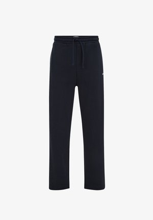 Tumesinised sportpüksid pehmest kangast. Omavad elastset vöökoda paelaga ja külje peal logodetaili. Otsetallaga lõige.