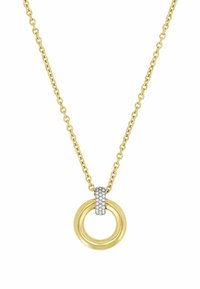 Collana d'oro con due anelli intrecciati, con un centro in argento texture decorato con piccoli cristalli trasparenti.