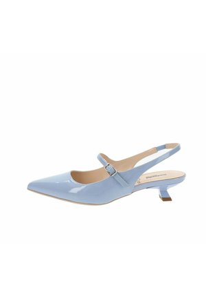 Chaussure bride arrière brillamment bleu clair à bout pointu, avec un petit talon géométrique et une sangle réglable à boucle sur le dessus du pied.
