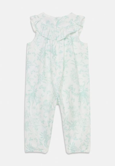 Light mint green floral romper with ruffled shoulders, featuring a button closure and elasticized cuffs, made from soft, lightweight fabric.