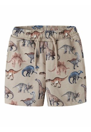 Beige kinderkorte broek met elastische taille en trekkoord, bedekt met kleurrijke verschillende dinosaurusillustraties.