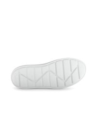Semelle de chaussure en caoutchouc blanc, présentant une surface texturée avec un motif en zigzag et des bords lisses. Logo embossé près du talon.
