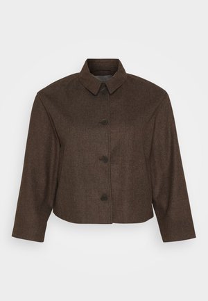 Brown cropped jacket with a structured design, featuring a collared neck, front button closure, and long sleeves made from textured fabric.