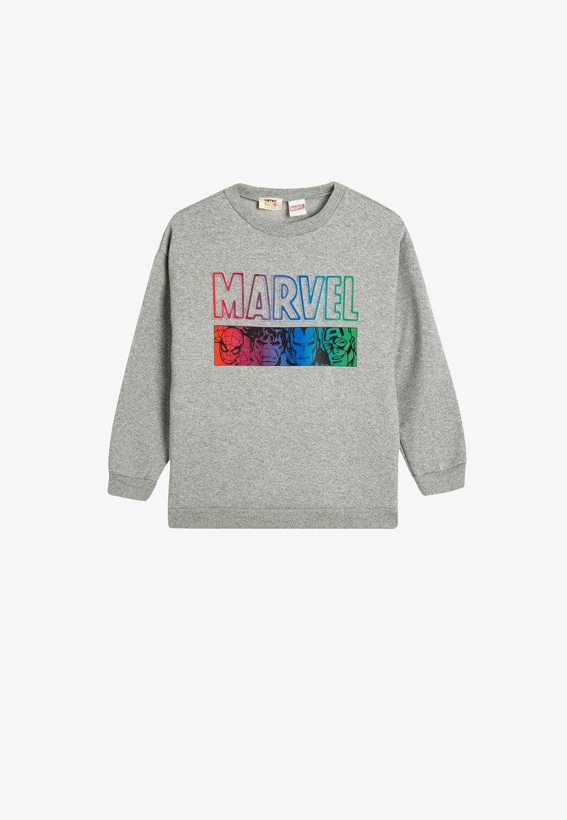 Sudadera gris con cuello redondo y puños acanalados, que presenta un logo "MARVEL" multicolor e ilustraciones de varios personajes de Marvel.