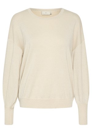 Lys beige pullover-sweater lavet af blødt, struktureret garn. Har en afslappet pasform, brede ærmer og en diskret glans.