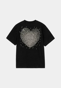 T-shirt di cotone nero a maniche corte con un grande design a cuore realizzato in strass argentati sul retro.