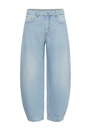 Hellblaue Jeans aus Denim im Wide-Leg-Stil mit hoher Taille, frontaler Knopfleiste, Reißverschluss und geschwungenen Saumabschlüssen.