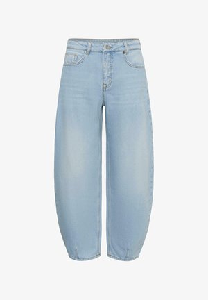 Hellblaue Jeans aus Denim im Wide-Leg-Stil mit hoher Taille, frontaler Knopfleiste, Reißverschluss und geschwungenen Saumabschlüssen.