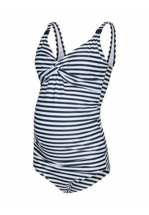 Costume da bagno premaman a righe blu navy e bianche con lati arricciati e spalline doppie regolabili.