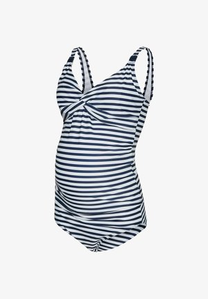Costume da bagno premaman a righe blu navy e bianche con lati arricciati e spalline doppie regolabili.