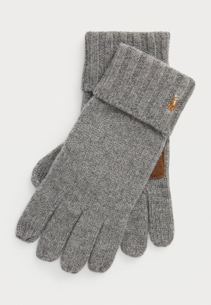 Gray knitted gloves with ribbed cuffs, featuring a small embroidered detail, and a leather accent near the wrist. Soft texture.
