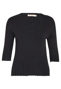 Schwarzer gerippter Strickpullover mit V-Ausschnitt und Dreiviertelärmeln, mit einem gewellten unteren Saum und subtiler Textur.